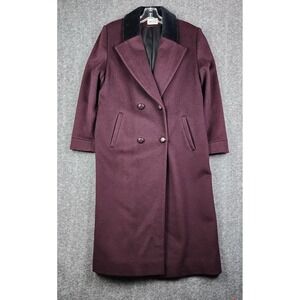 Leslie Fay Petites Wool Coat Womens Burgundy Double Breasted Velvet Collar Long